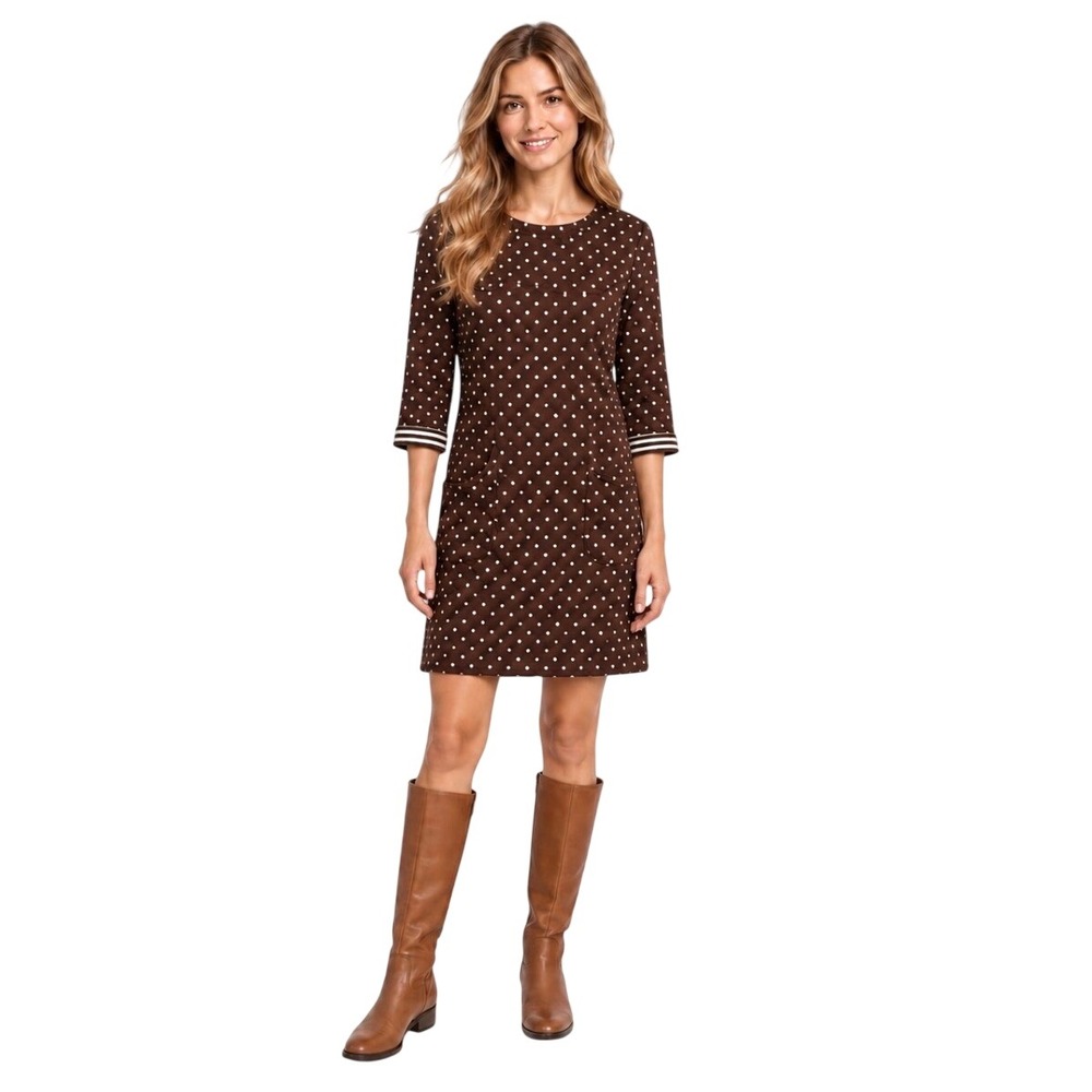 Boden Brown Polka Dot Quilted Shift Dress US 4P UK 8R Pockets Gold Zip